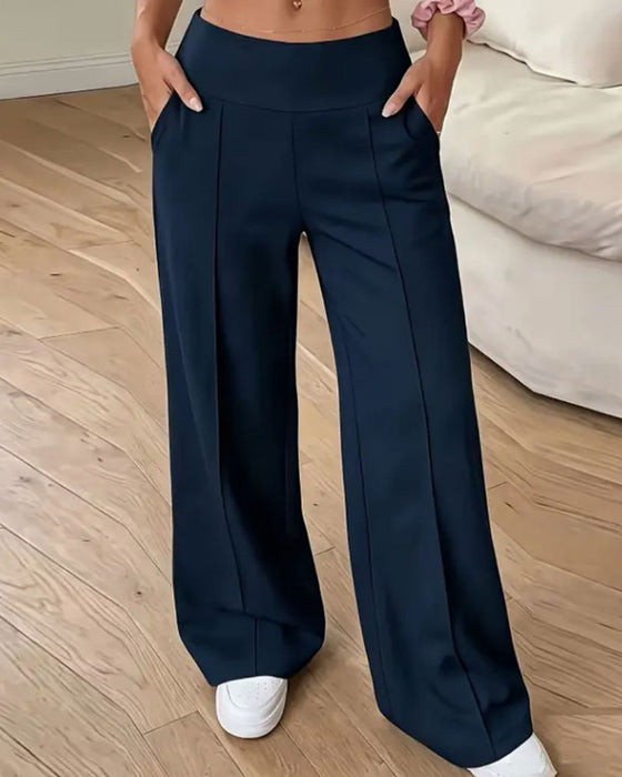 Pantalon Taille Haute Poche Large Jambe Long