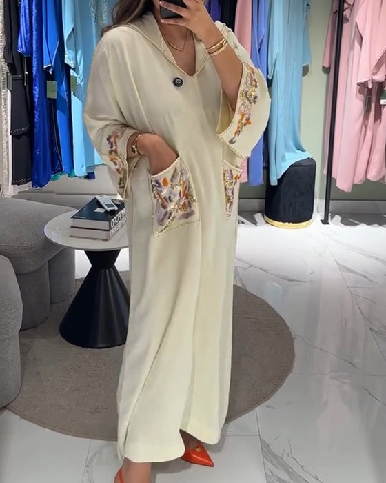 Robe À Capuche Brodée Ample Deux Poches