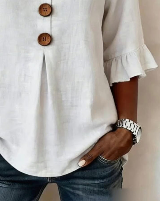 Blouses Unies Coton-Lin Boutons En Bois Volants