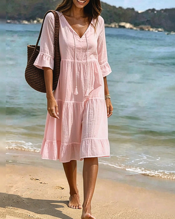 Robe Évasée Demi-Manche Nœud À La Taille