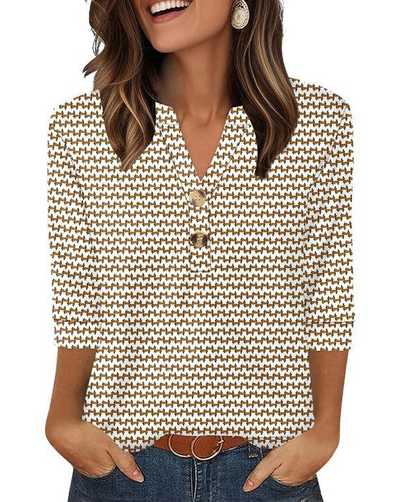 Blouse Col En V Boutonnée Manches Trois-Quarts