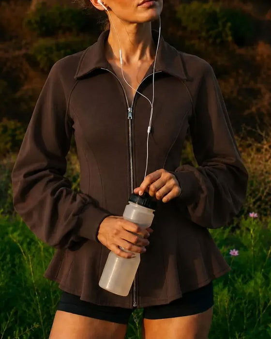 Manteau Revers Fermeture Éclair Taille Plissée