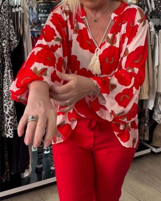 Blouse Grande Florale Attache Col V