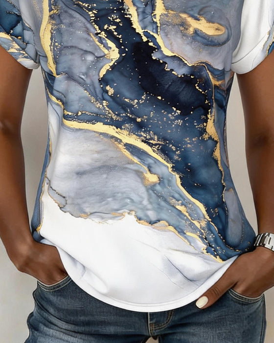 T-Shirt Imprimé Marbre Col En V