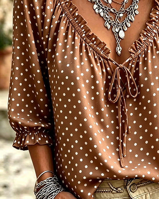 Blouse Col V Volant Polka Dot Attache