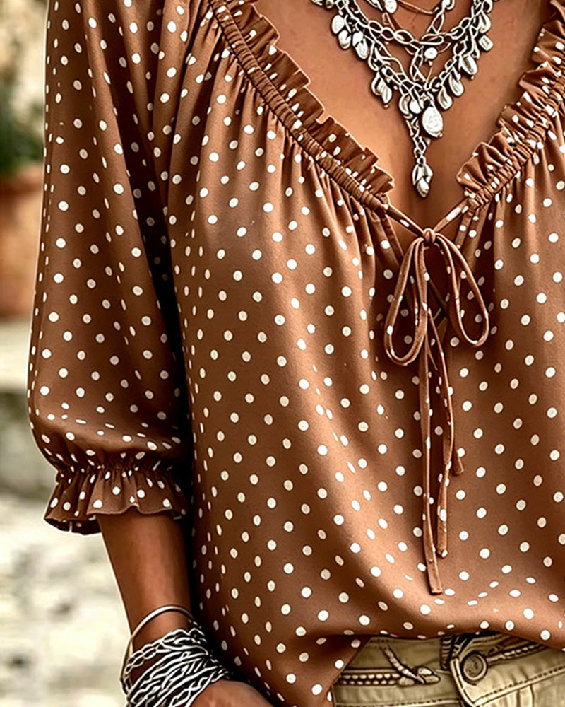 Blouse Col V Volant Polka Dot Attache