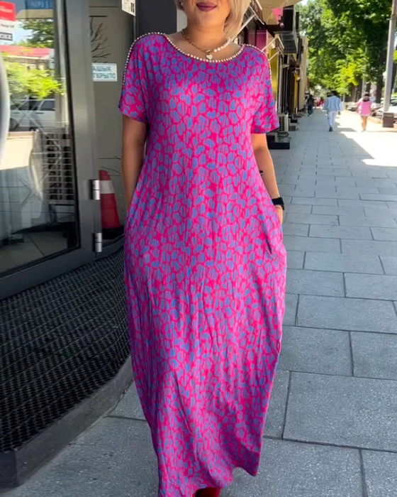 Robe Tempérament Manches Courtes Drapé Imprimé
