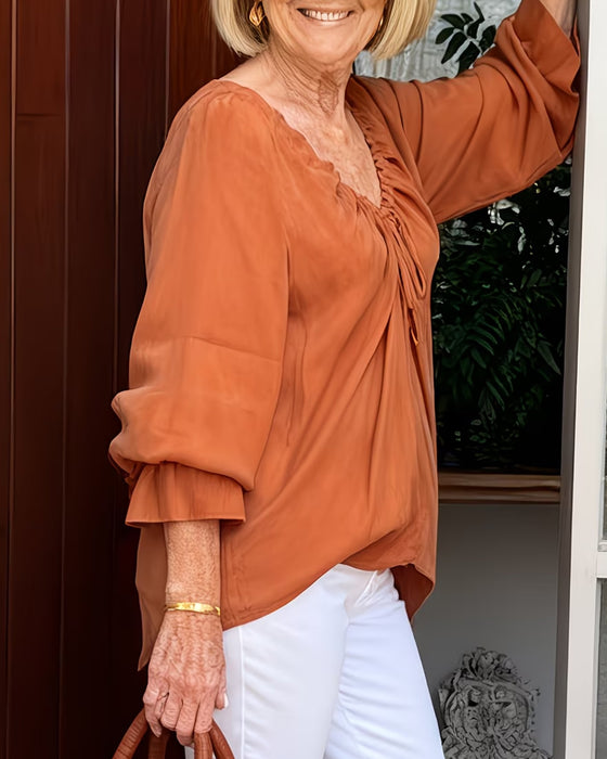 Blouse Col V Froncée Attache Décontractée