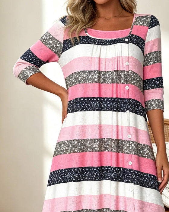 Robe Col Carré Rayé Bloc De Couleur Brillant