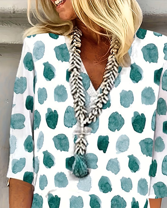 Robe Col En V À Pois Manches Courtes