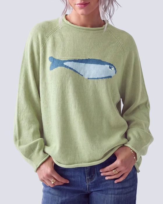 Pullover Col Rond Imprimé Poisson Épaule Tombante