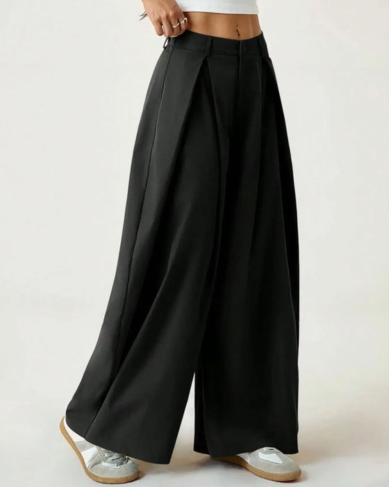 Pantalon Taille Haute Plissé Jambe Large