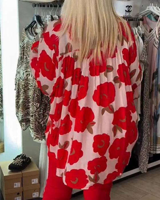 Blouse Grande Florale Attache Col V