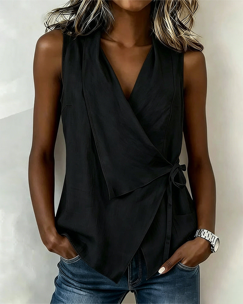 Débardeur Croisé Attache Coton-Lin Uni