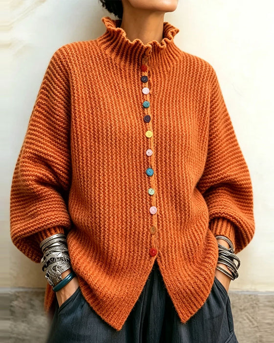 Pullover Couleur Bouton Volant Garniture Tricoté