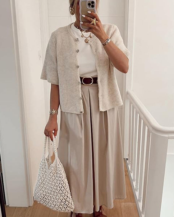 Pull Cardigan Unie Boutonnage Devant Manches Courtes