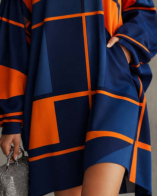 Robe Contraste De Couleur Col Roulé Manche Lanterne