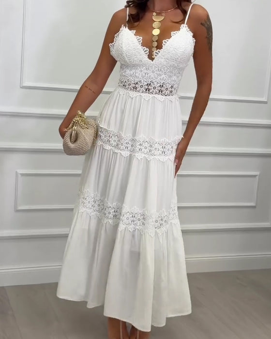 Robe Dentelle Patchwork Bretelle Spaghetti Col V