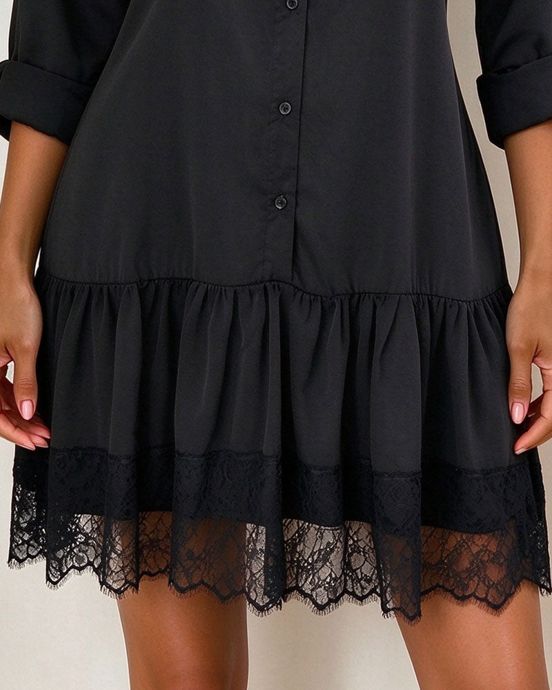 Robe Col Montant Patchwork Bordure En Dentelle