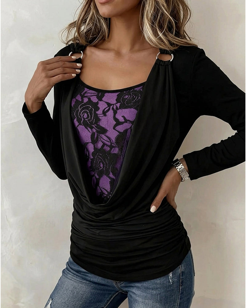 Haut Col Faux Anneau Métal Floral Fausse Deux-Pièces