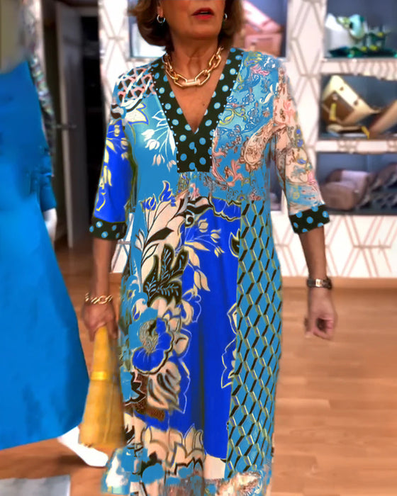 Robe au Col en V avec Impression Vintage et Découpe en Fente