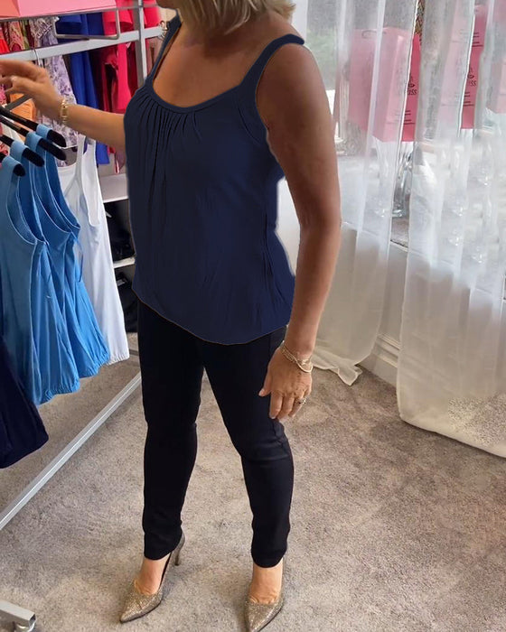 Ensemble Haut sans manches décontracté uni plissé