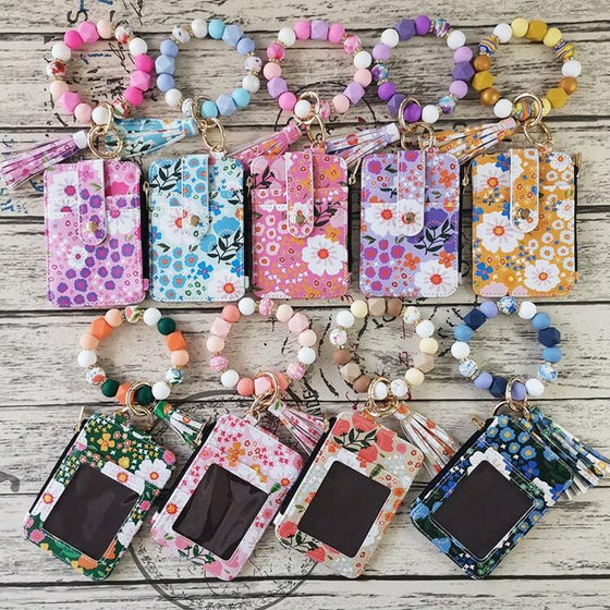 Petit Porte-Monnaie En Cuir Floral Avec Porte-Clés Et Bracelet