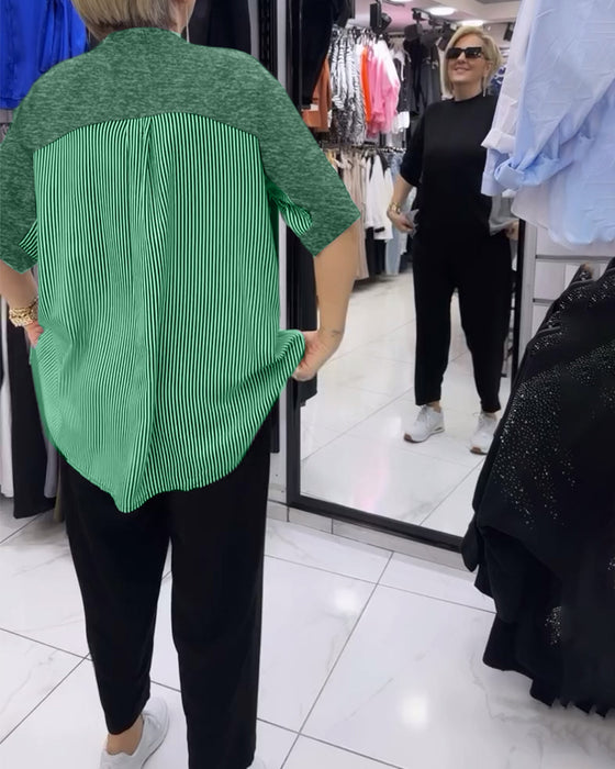 Blouse décontractée patchwork à fines rayures