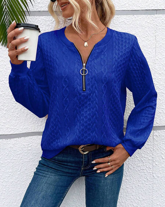 Sweat-shirt décontracté à manches longues et fermeture éclair de couleur unie