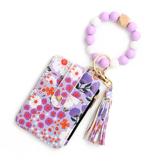 Petit Porte-Monnaie En Cuir Floral Avec Porte-Clés Et Bracelet