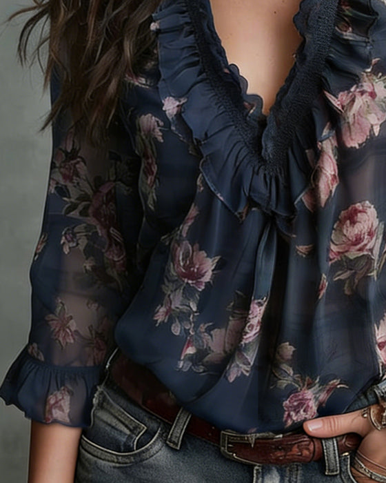 Blouse Fleuri Col V Froncé