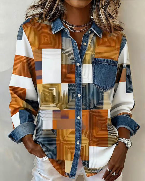 Chemise Color Block Revers À La Mode