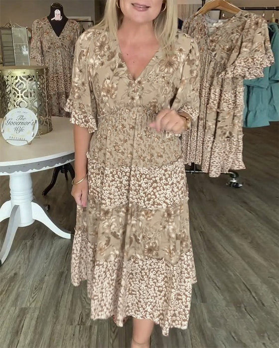 Robe Encolure En V Manche Lotus Fleuri