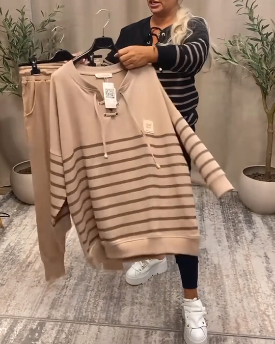 Ensemble Deux Pièces Décontracté Pantalon De Sport Rayé À La Cheville