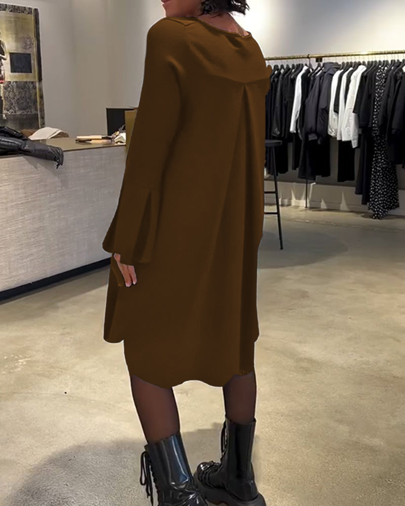 Robe Uni Manche Évasée Froncé