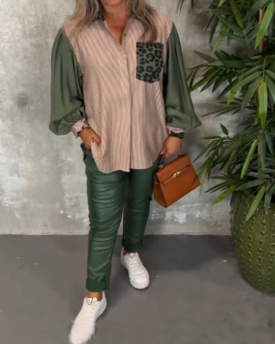 Chemise imprimée léopard à revers et manches lanternes