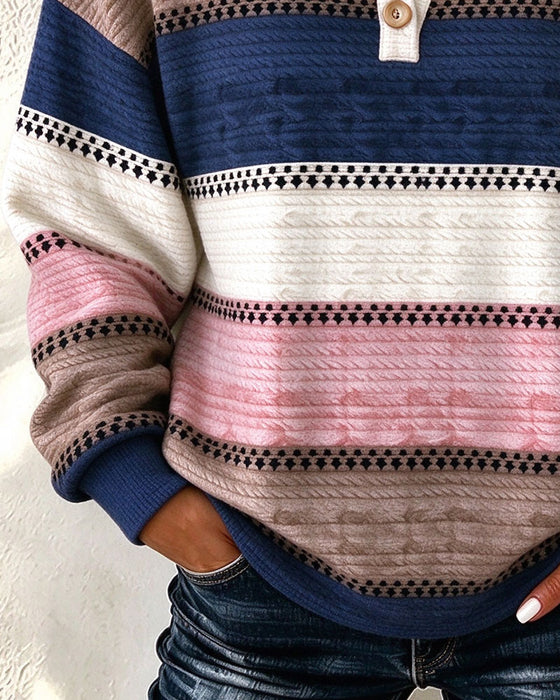Sweat Col En V Bouton Bloc De Couleur Rayé