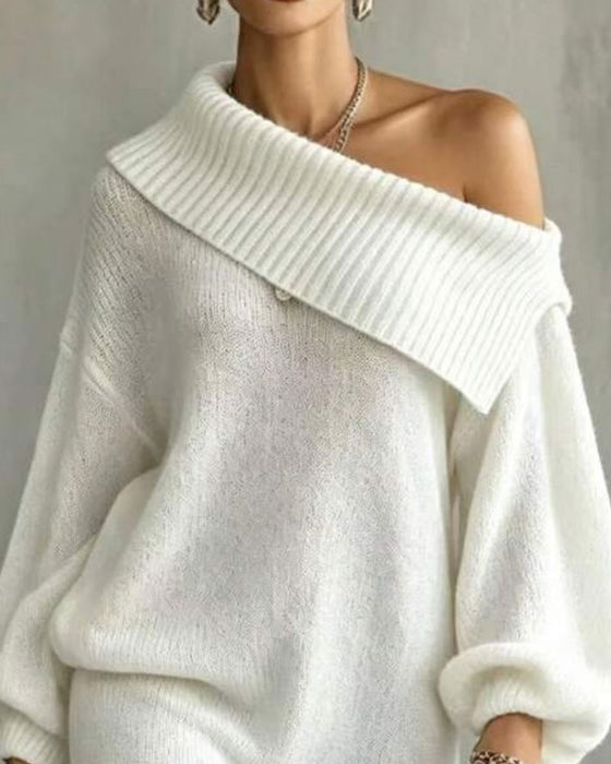 Robe Pull Encolure Oblique Manche Lanterne Patchwork Dentelle