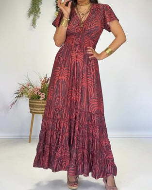 Robe Bohème Col En V Plissée Longue