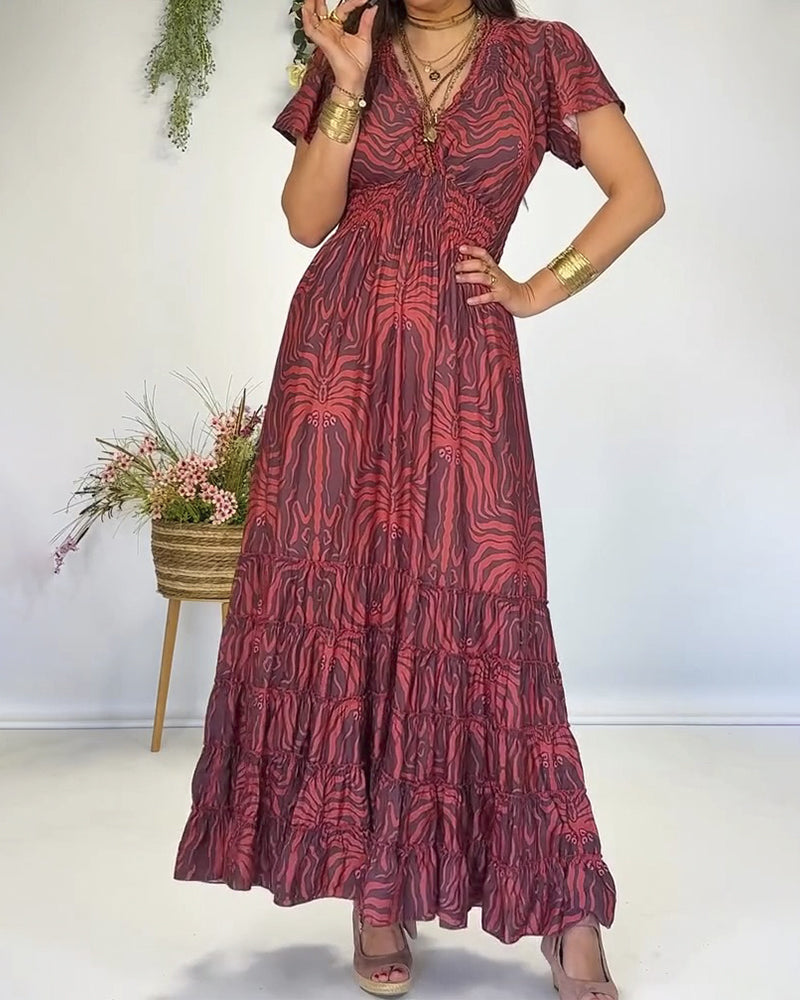 Robe Bohème Col En V Plissée Longue