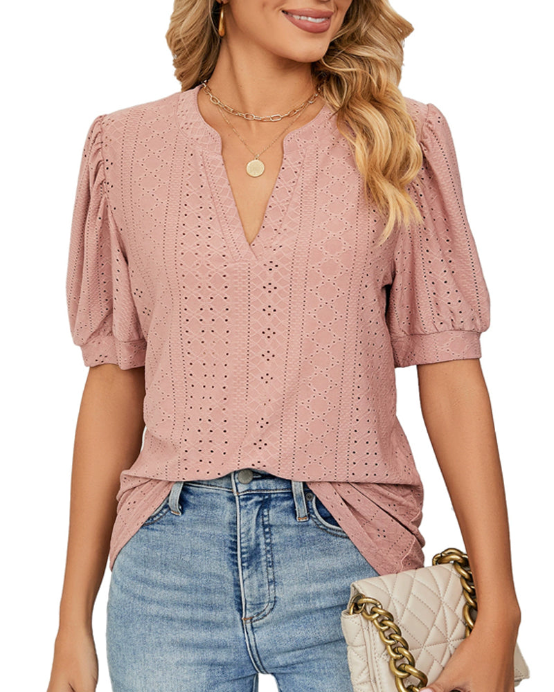 Blouses Col En V Uni Ajouré Manche Bouffante
