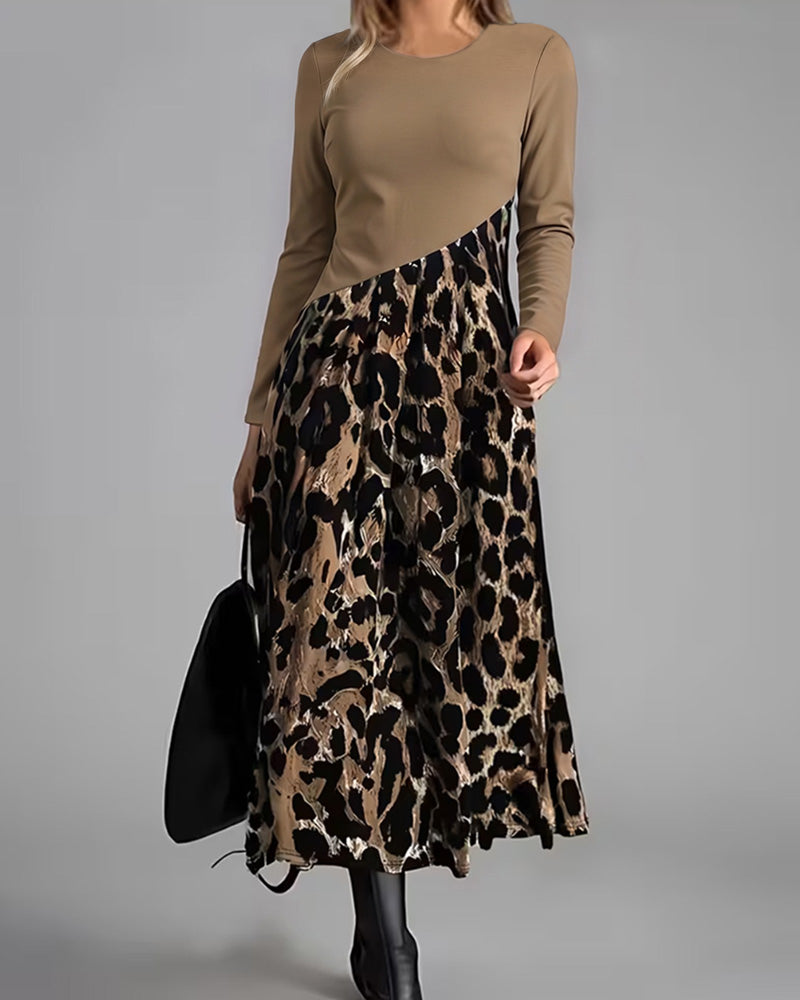 Robe Col Rond Léopard Jupe Ample