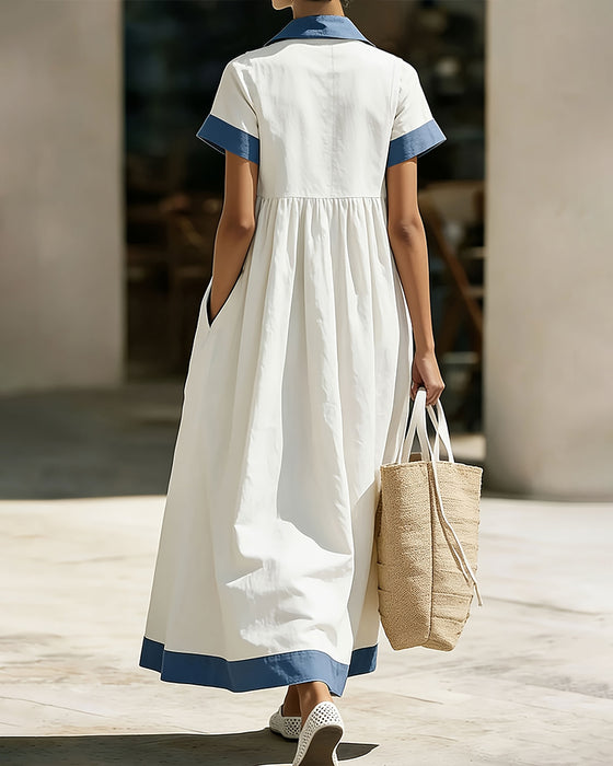 Robe Col Chemise Bloc De Couleur Jupe Ample