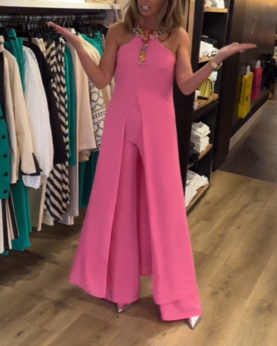 Ensemble deux pièces de couleur unie avec fente au col licou