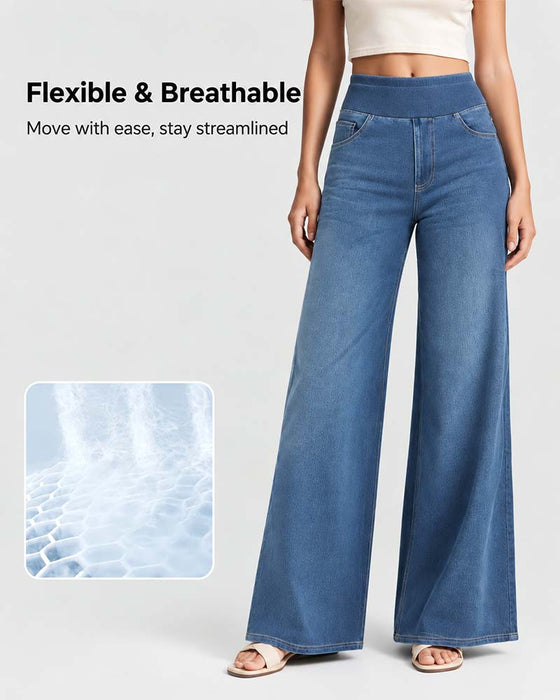 Pantalon Taille Élastique Denim Large Jambe