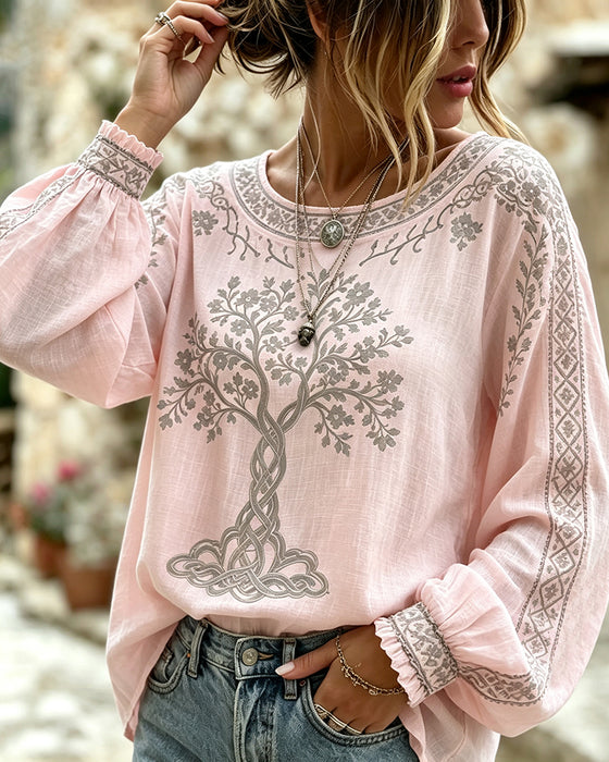Blouse Col Rond Imprimé Arbre Décontractée