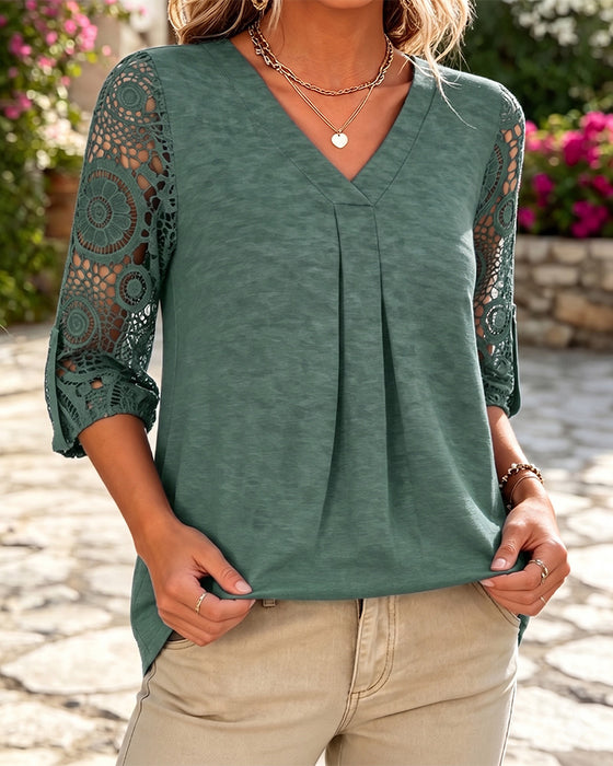Blouse Dentelle Patchwork Col En V