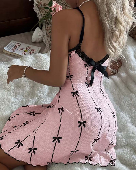 Robe De Nuit Dentelle Nœud Imprimé
