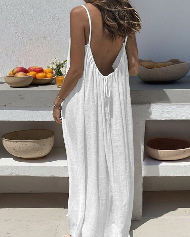 Robe Uni Couleur Plissé Dos Nu Bretelles Spaghetti Maxi
