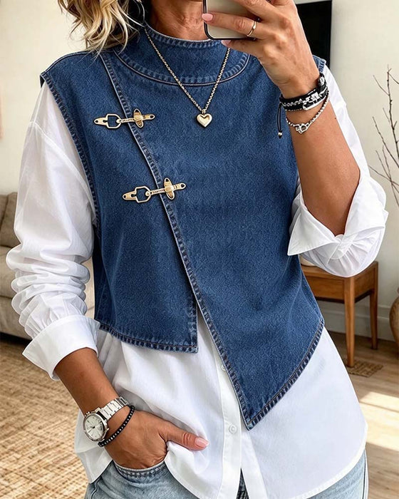 Ensemble Bouton Incliné Col Montant Gilet Chemise
